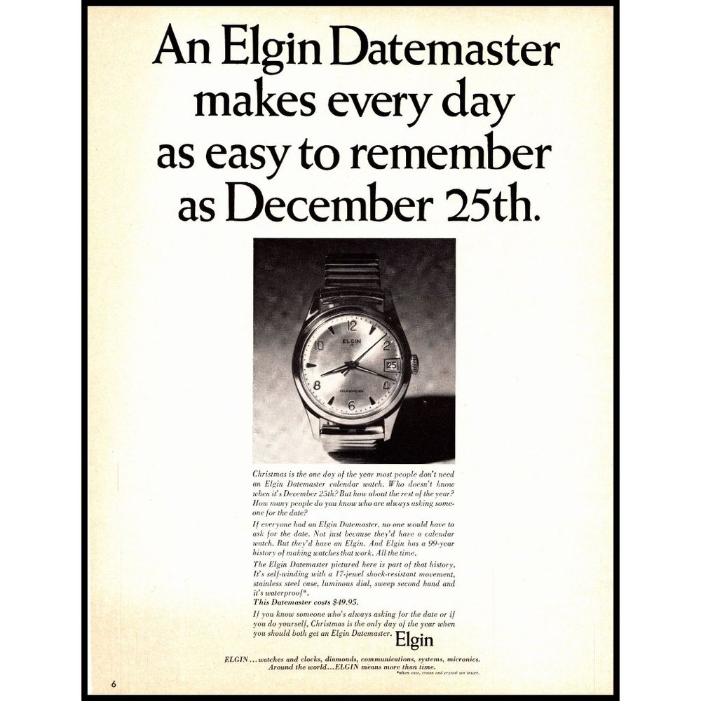 1963 Elgin Datemaster Watch Christmas Gift Vintage Print Ad Wristwatch Wall Art
